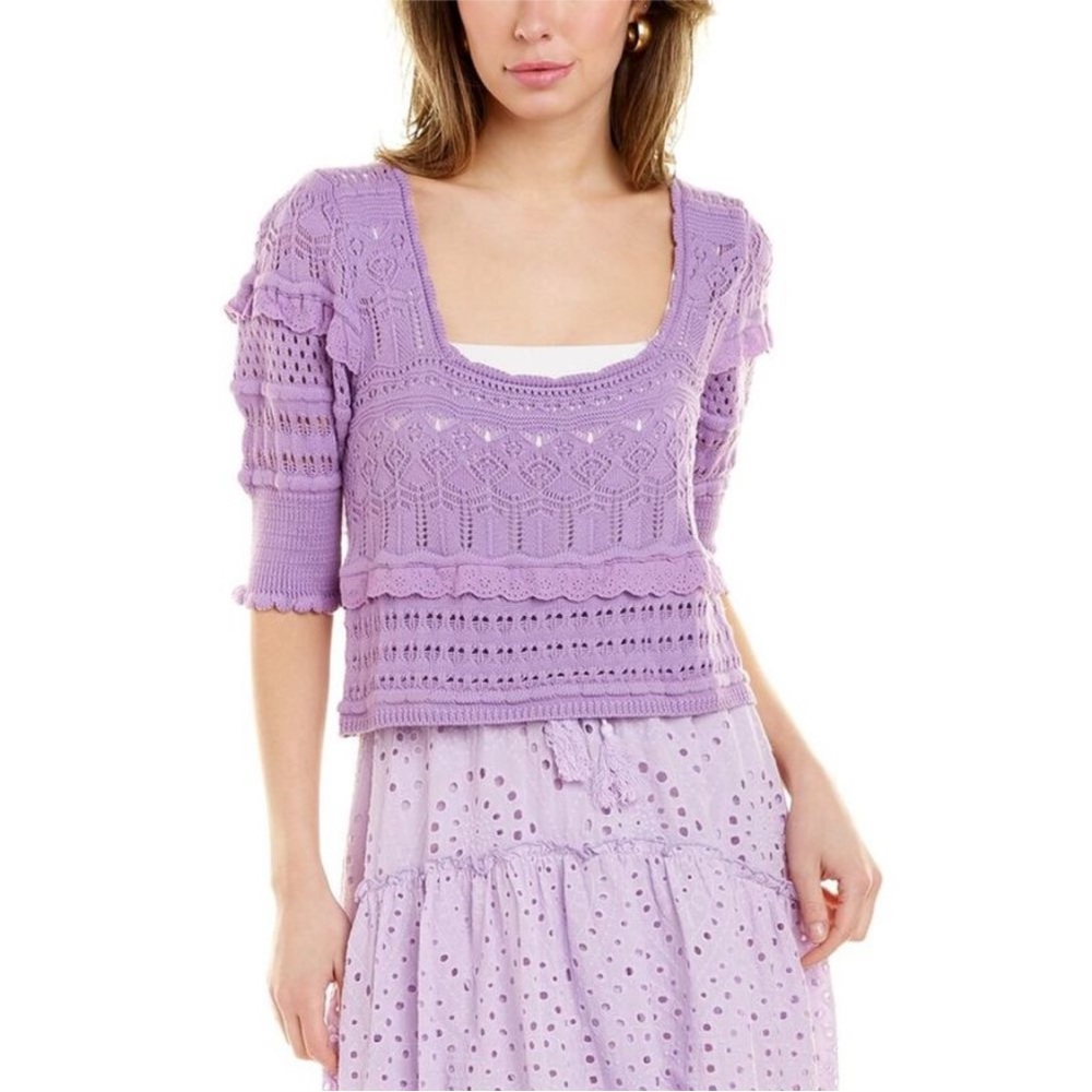 70/21 Sweater Top Size M Purple Pointelle Knit Crochet Square-Neck Cottagecore